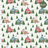 Digitally Printed Fabric with Watercolor Pine Trees and Red House Pattern